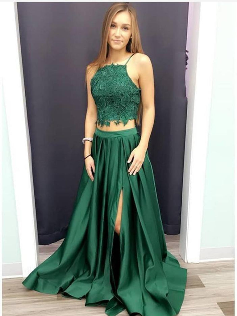 A Line Halter Neck Two Pieces Lace Green Prom Dresses with Leg Slit, L Shiny Party A Line Halter Neck Two Pieces Lace Green Prom Dresses with Leg Slit, L Shiny Party