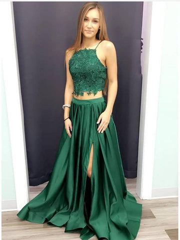 green two piece homecoming dress Two Piece Emerald Green Long Prom Dresses with Bow ARD2122