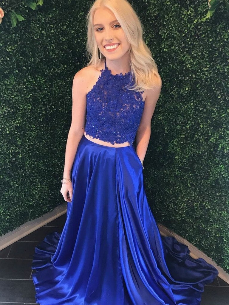 A Line Halter Neck Two Pieces Royal Blue Lace Top Prom Dresses, Two Pi Shiny Party A Line Halter Neck Two Pieces Royal Blue Lace Top Prom Dresses, Two Pi Shiny Party