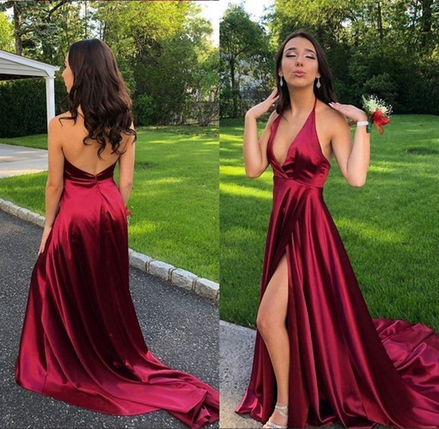A Line Halter V Neck Backless Burgundy Satin High Slit Long Prom Dresses with Train, Burgundy Formal Dresses, Evening Dresses A Line Halter V Neck Backless Burgundy Satin High Slit Long Prom Dresses with Train, Burgundy Formal Dresses, Evening Dresses