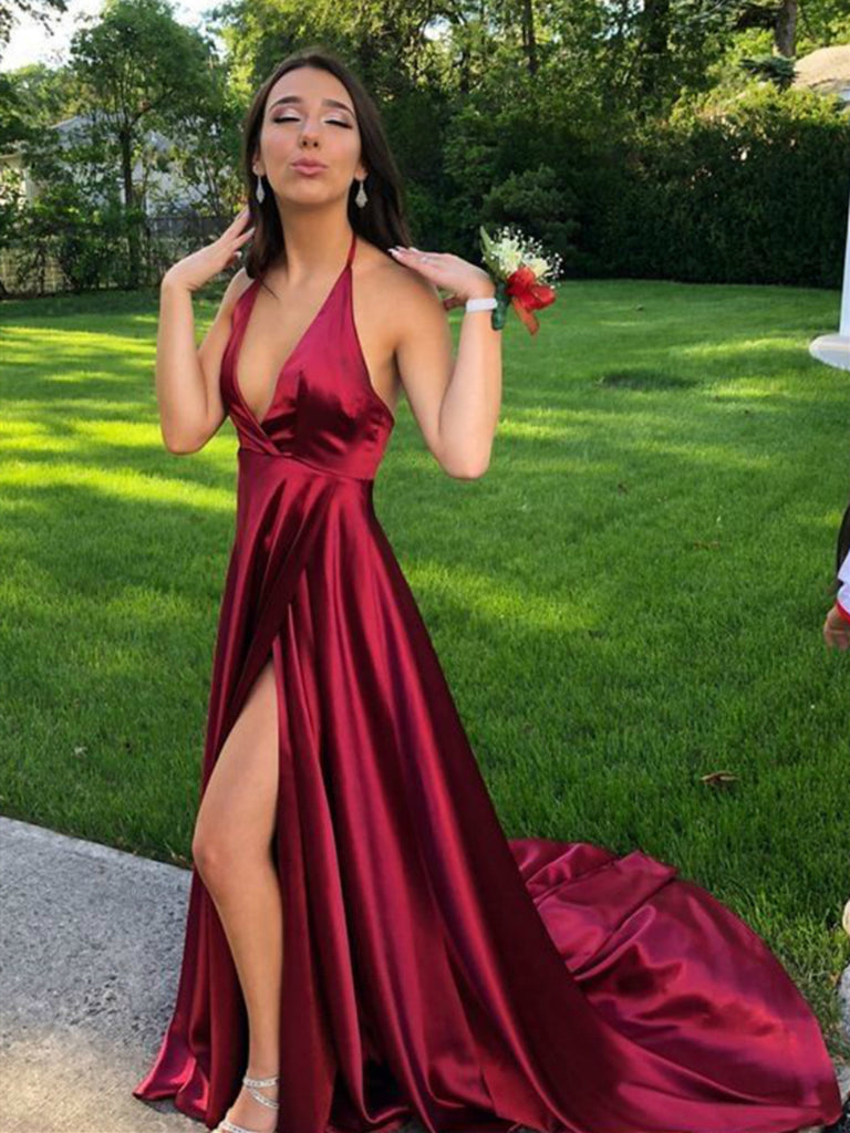 A Line Halter V Neck Backless Burgundy Satin High Slit Long Prom Dress Shiny Party A Line Halter V Neck Backless Burgundy Satin High Slit Long Prom Dress Shiny Party