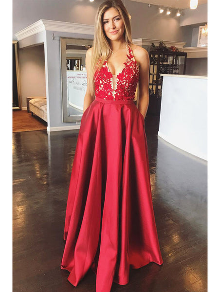 A Line Halter V Neck Backless Lace Appliques Red Prom Dresses, V Neck Red Formal Dresses, Red Lace Evening Dresses 2019