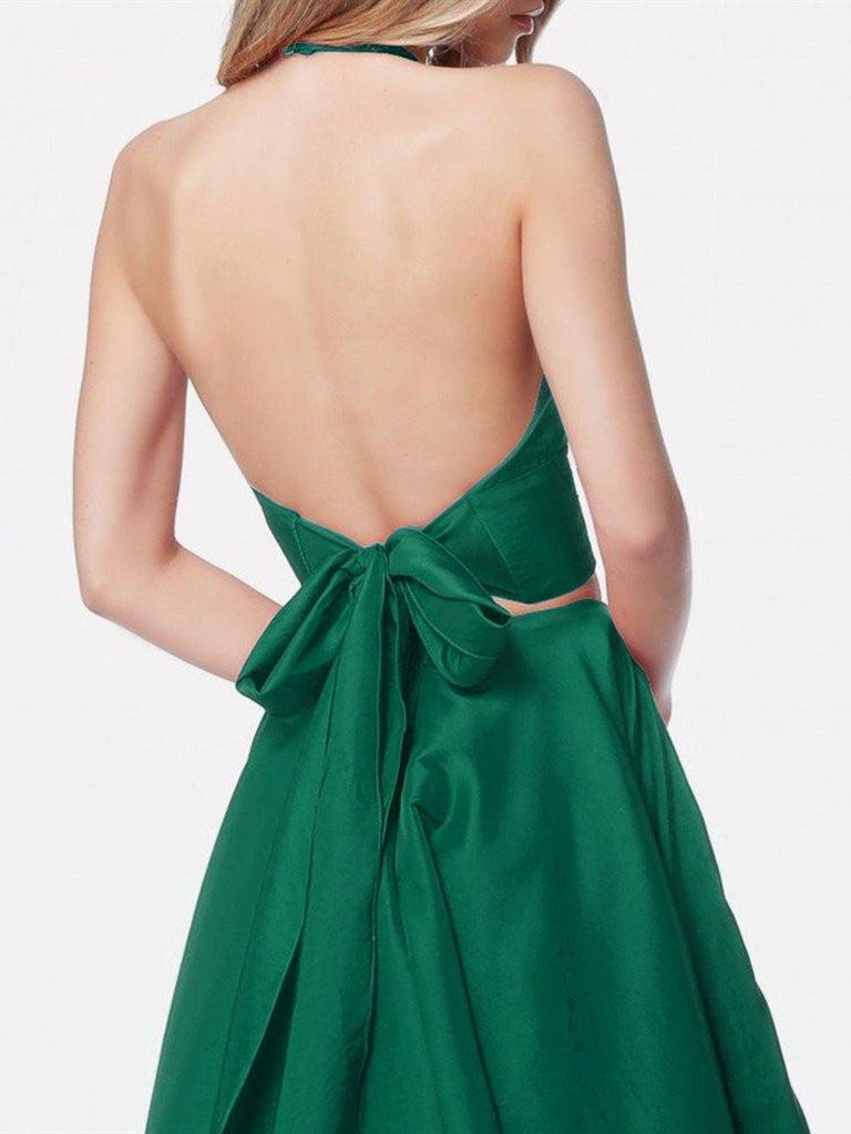 A Line Halter V Neck Two Pieces Backless Green Prom Dresses with Pocke Shiny Party A Line Halter V Neck Two Pieces Backless Green Prom Dresses with Pocke Shiny Party