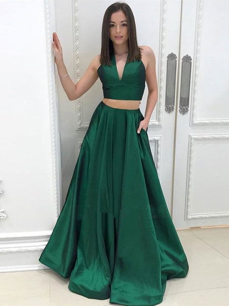 A Line Halter V Neck Two Pieces Backless Green Prom Dresses with Pocket, Two Pieces Green Formal Dresses, Evening Dresses