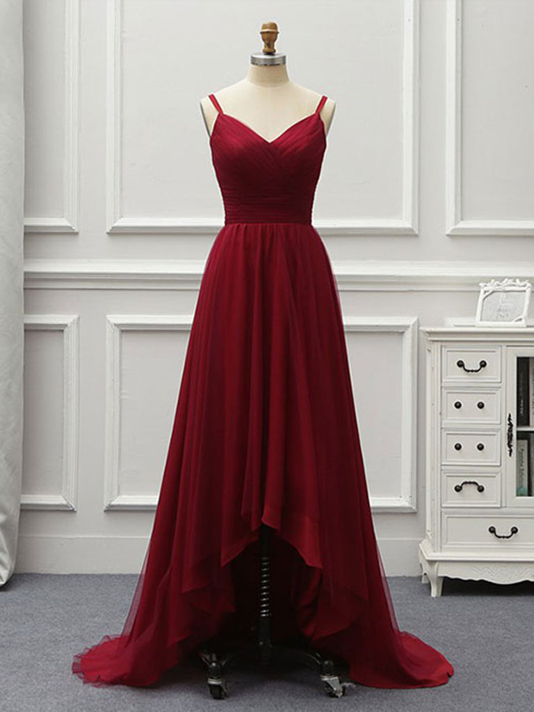 burgundy high low prom dress Aqua Spaghetti Straps Sheath Satin High Low Prom Dresses With Ruffles Burgundy / 6