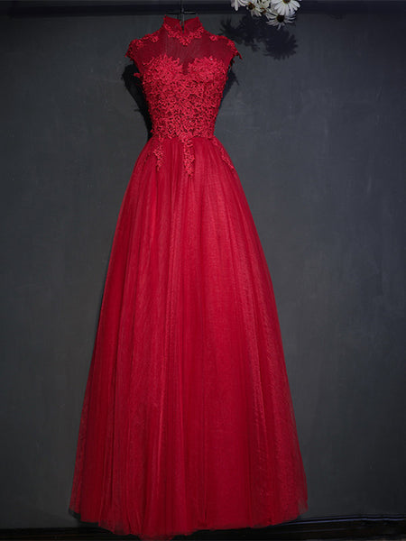 A Line High Neck Cap Sleeves Lace Black/Red Prom Dresses, Black/Red Lace Formal Dresses, Evening Dresses