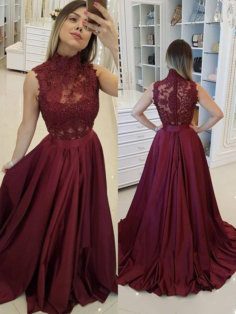 A Line High Neck Lace Burgundy Satin Long Prom Dresses, Burgundy Lace Formal Dresses, Burgundy Evening Dresses