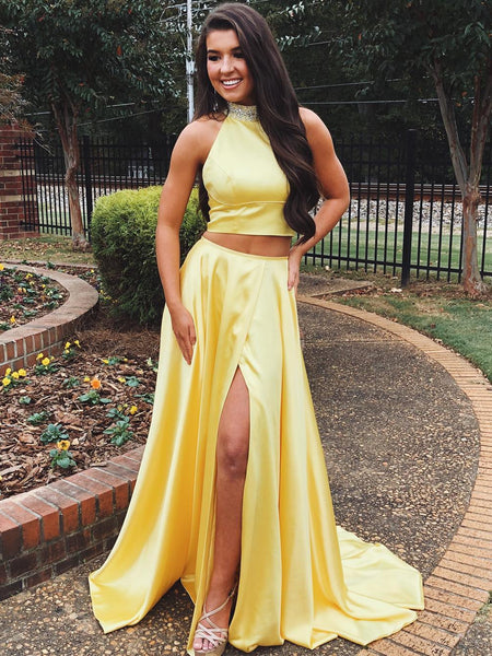 A Line High Neck Two Pieces Yellow Satin Long Prom Dresses with High Split, Yellow Formal Dresses, Evening Dresses
