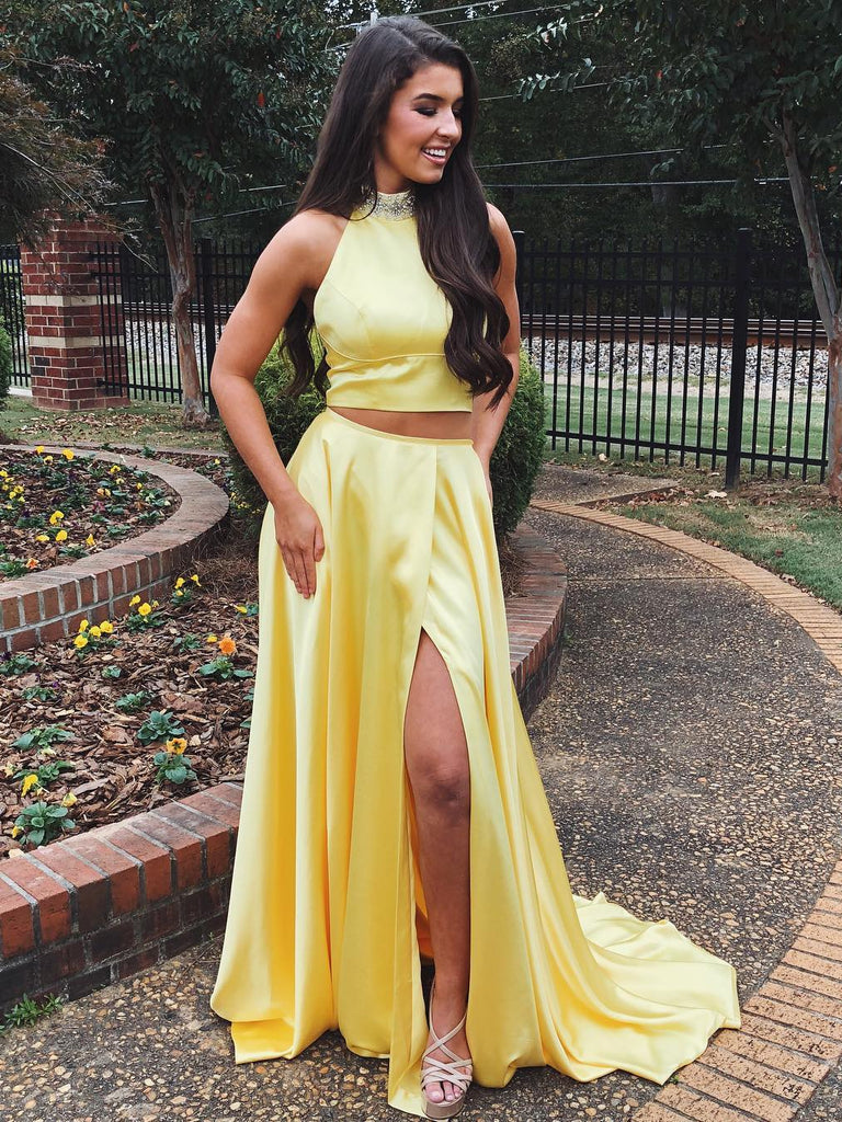 A Line High Neck Two Pieces Yellow Satin Long Prom Dresses with High S Shiny Party A Line High Neck Two Pieces Yellow Satin Long Prom Dresses with High S Shiny Party