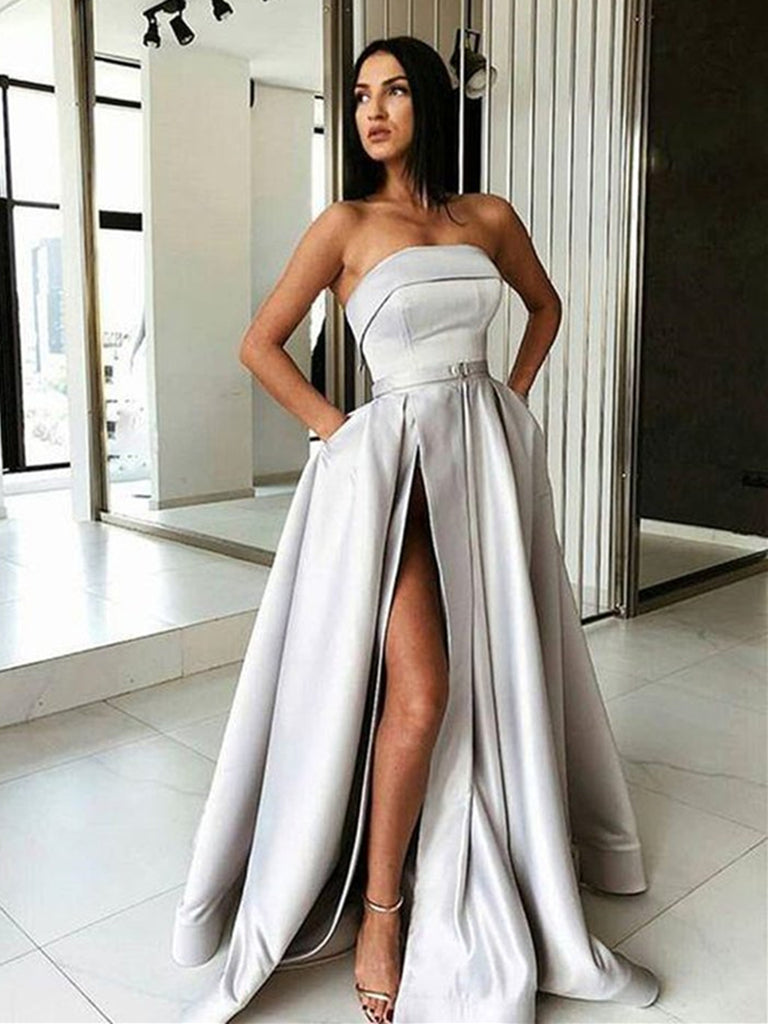 A Line High Slit Gray Long Prom Dresses with Belt, Gray Long Formal Dresses Evening DressesGraduation Dresses with High Slit