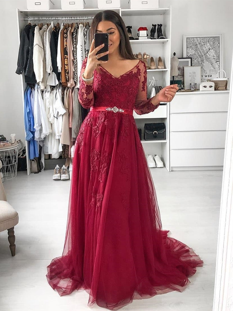 A Line Long Sleeves Lace Burgundy Long Prom Dresses, Long Sleeves Burgundy Lace Formal Dresses, Burgundy Lace Evening Dresses