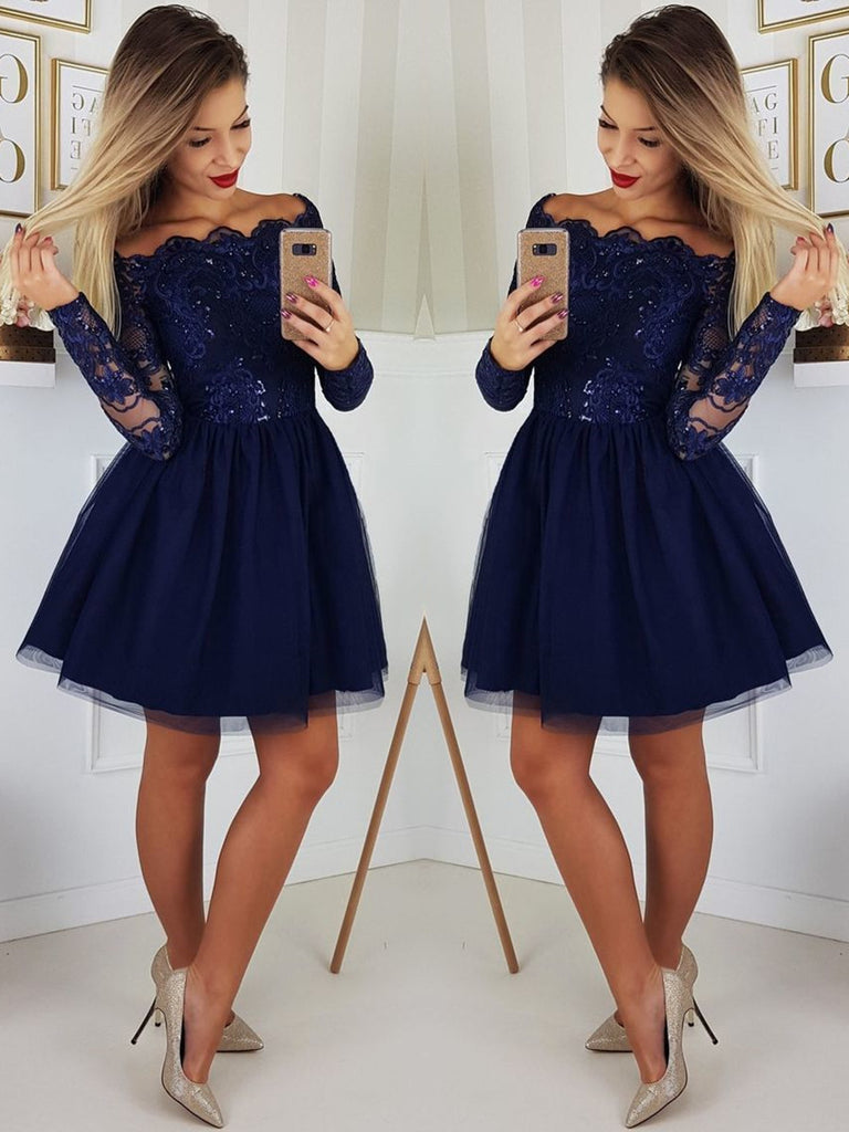 A Line Long Sleeves Lace Navy Blue Short Prom Dresses, Navy Blue Lace Homecoming Dresses