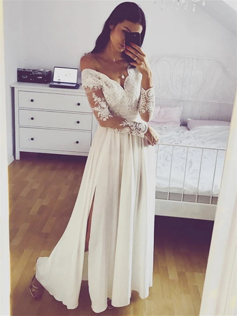 A Line Long Sleeves Lace White Prom Dresses with Split, Long Sleeves White Lace Formal Graduation Evening Dresses A Line Long Sleeves Lace White Prom Dresses with Split, Long Sleeves White Lace Formal Graduation Evening Dresses