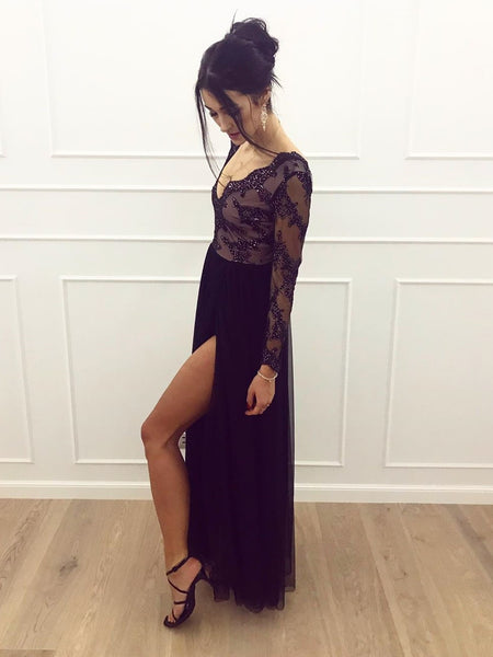 A Line Long Sleeves V Neck Lace Black Prom Dresses with Split, V Neck Long Sleeves Black Lace Formal Dresses, Black Lace Evening Dresses