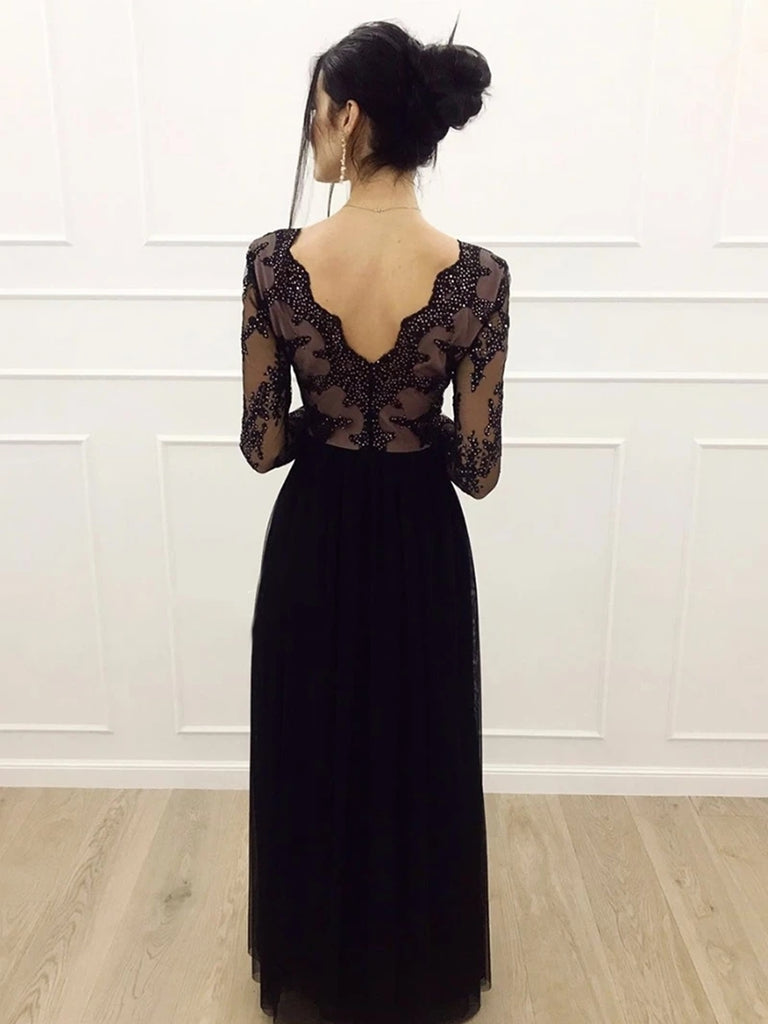 A Line Long Sleeves V Neck Lace Black Prom Dresses with Split, V Neck Shiny Party A Line Long Sleeves V Neck Lace Black Prom Dresses with Split, V Neck Shiny Party