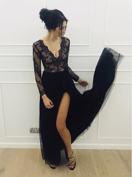 A Line Long Sleeves V Neck Lace Black Prom Dresses with Split, V Neck Long Sleeves Black Lace Formal Dresses, Black Lace Evening Dresses
