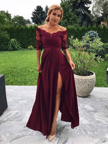 A Line Off Shoulder Half Sleeves Lace Maroon Prom Dresses with Slit, Off The Shoulder Burgundy Formal Dresses, Evening Dresses
