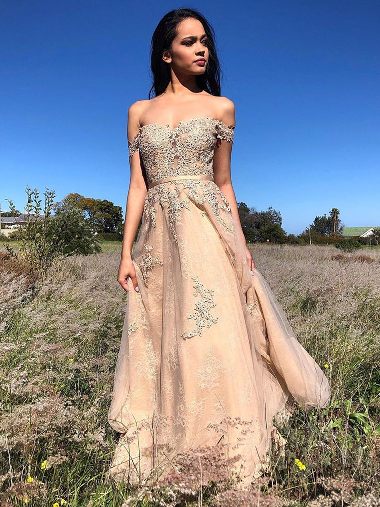 A Line Off Shoulder Lace Appliques Champagne Long Prom Dresses, Off Sh Shiny Party A Line Off Shoulder Lace Appliques Champagne Long Prom Dresses, Off Sh Shiny Party
