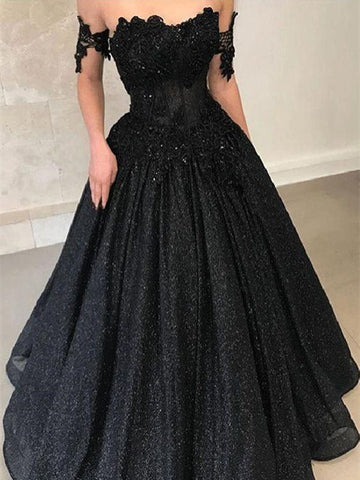 A Line Off Shoulder Lace Black Long Prom Dresses, Black Lace Formal Dresses, Evening Dresses