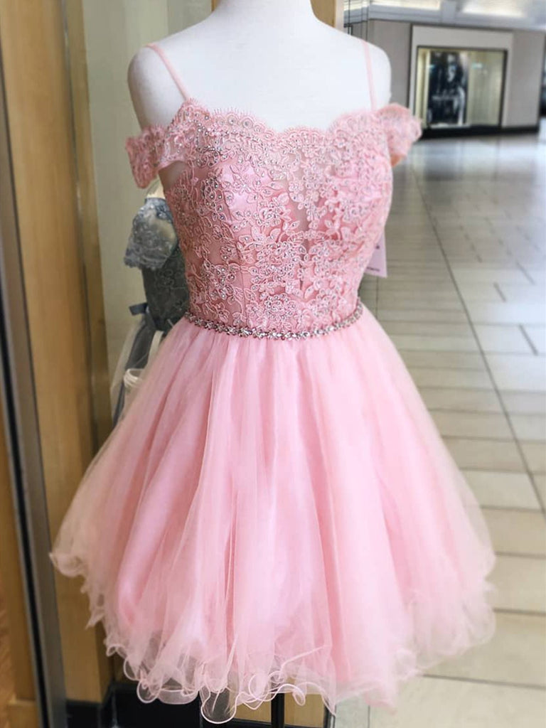A Line Off Shoulder Lace Pink Short Prom Homecoming Dresses, Off Shoul Shiny Party A Line Off Shoulder Lace Pink Short Prom Homecoming Dresses, Off Shoul Shiny Party