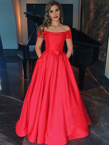A Line Off Shoulder Red Satin Long Prom Dresses, Red Off Shoulder Formal Dresses, Red Evening Dresses