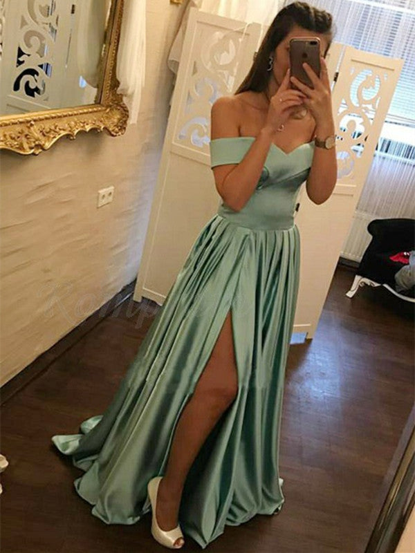 A Line Off Shoulder Satin Turquoise Long Prom Dresses with Slit, Turqu Shiny Party A Line Off Shoulder Satin Turquoise Long Prom Dresses with Slit, Turqu Shiny Party