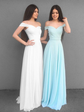 A Line Off Shoulder White/Blue Chiffon Long Prom Dresses, Off Shoulder White/Blue Bridesmaid Dresses, Graduation Dresses