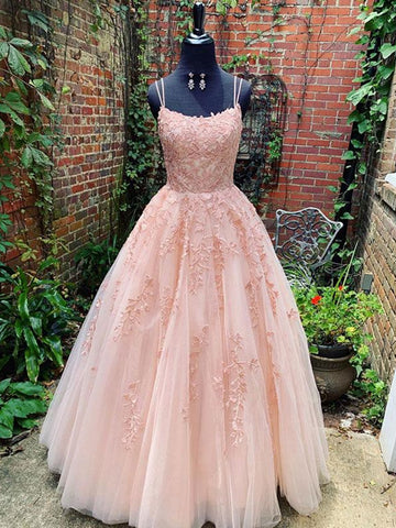 A Line Pink Lace Long Prom Dresses Wedding Dresses, Lace Pink Formal Graduation Evening Dresses