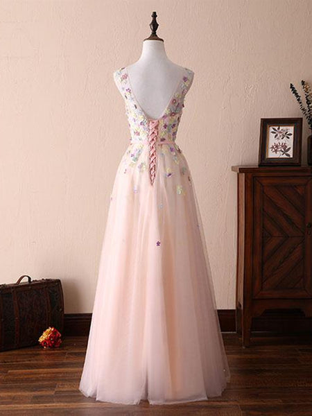 A Line Round Neck Flowers Appliques Light Pink Prom Dresses, Pink Formal Dresses, Evening Dresses with Flower