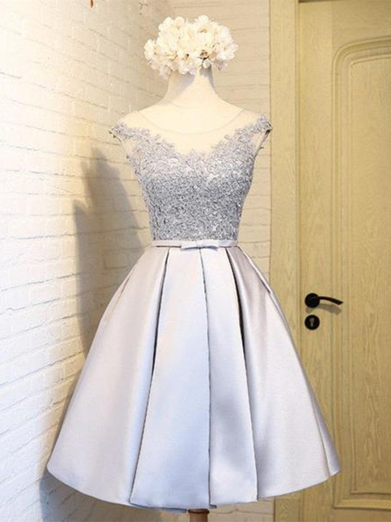A Line Round Neck Lace Short Gray Prom Dress, Lace Short Gray Graduati Shiny Party A Line Round Neck Lace Short Gray Prom Dress, Lace Short Gray Graduati Shiny Party