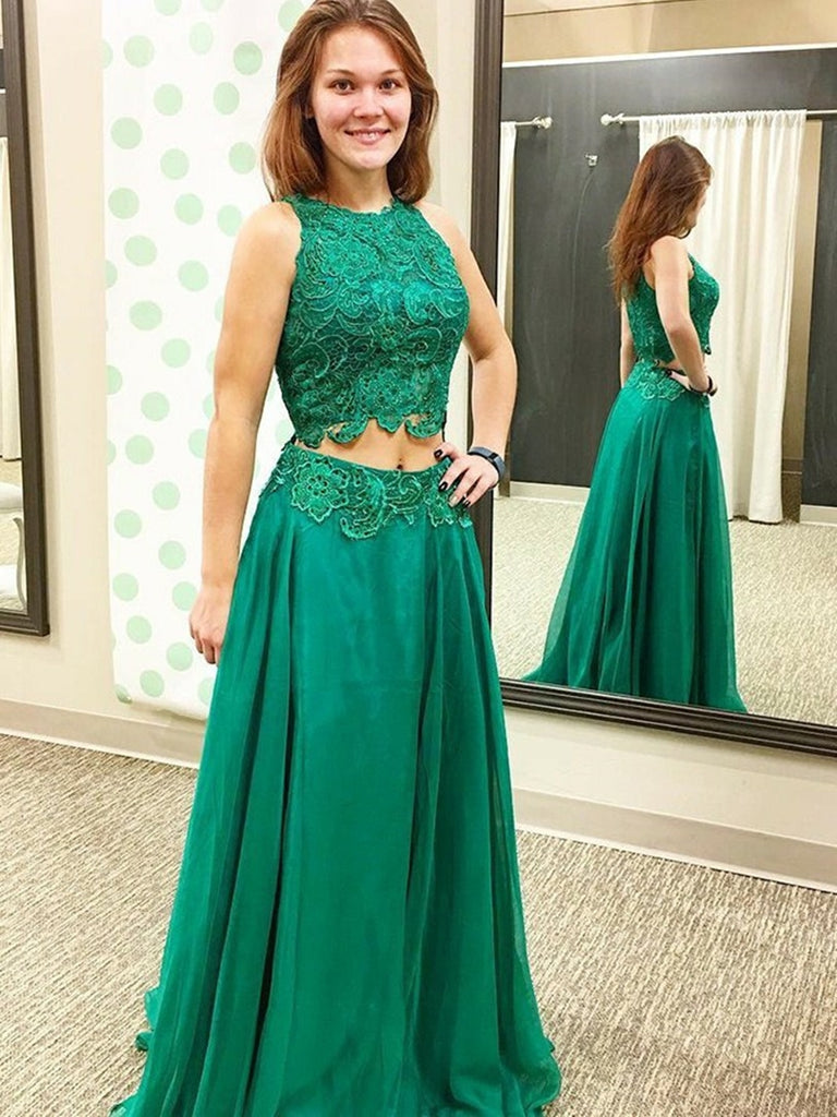 A Line Round Neck Lace Top Green Long Prom Dresses, Green Lace Formal Dresses, Green Evening Dresses