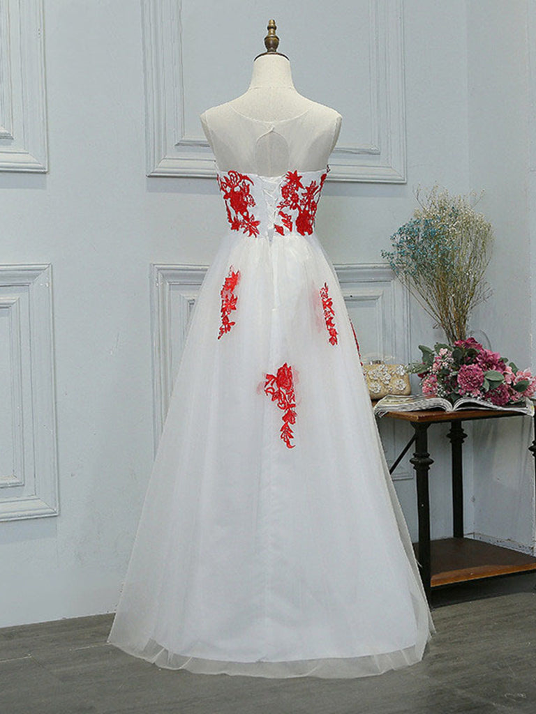 A Line Round Neck Red Lace Appliques White Prom Dresses, Lace White Fo Shiny Party A Line Round Neck Red Lace Appliques White Prom Dresses, Lace White Fo Shiny Party