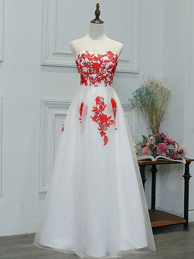 A Line Round Neck Red Lace Appliques White Prom Dresses, Lace White Fo Shiny Party A Line Round Neck Red Lace Appliques White Prom Dresses, Lace White Fo Shiny Party