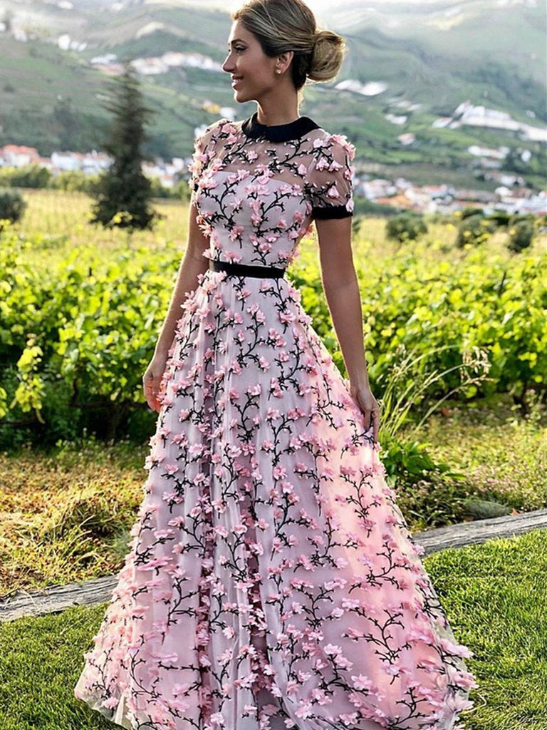 A Line Round Neck Short Sleeves Prom Dresses with 3D Flowers, 3D Flowers Pink Formal Dresses, Graduation Dresses