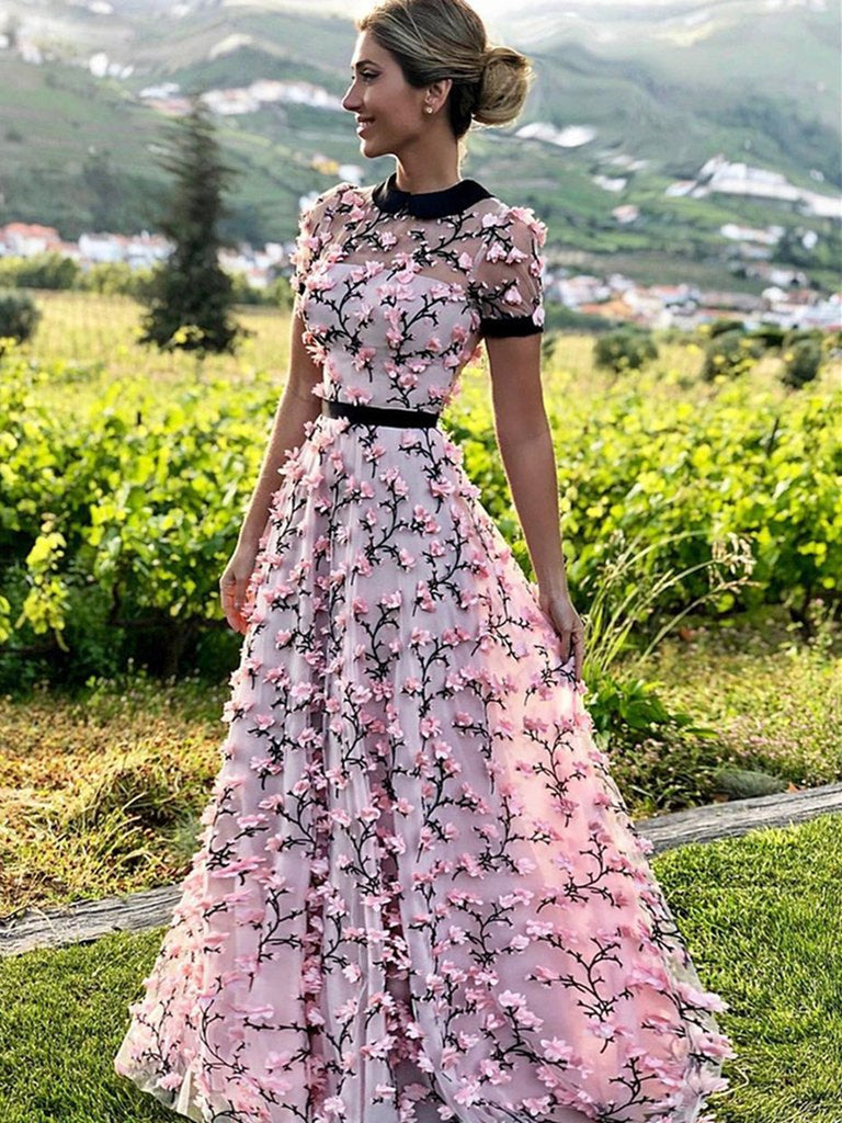 A Line Round Neck Short Sleeves Prom Dresses with 3D Flowers, 3D Flowers Pink Formal Dresses, Graduation Dresses A Line Round Neck Short Sleeves Prom Dresses with 3D Flowers, 3D Flowers Pink Formal Dresses, Graduation Dresses