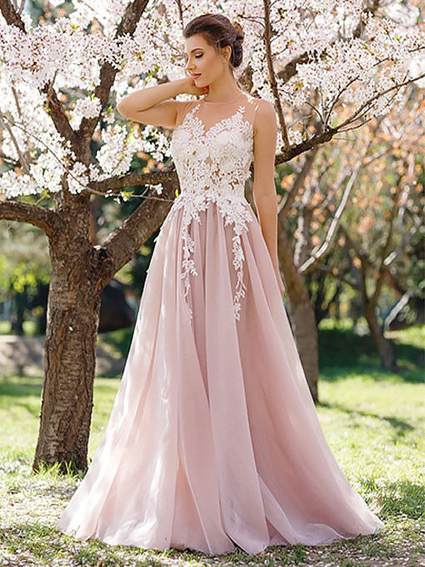 A Line Round Neck White Lace Pink Tulle Long Prom Dresses, Pink Formal Dresses, Evening Dresses A Line Round Neck White Lace Pink Tulle Long Prom Dresses, Pink Formal Dresses, Evening Dresses