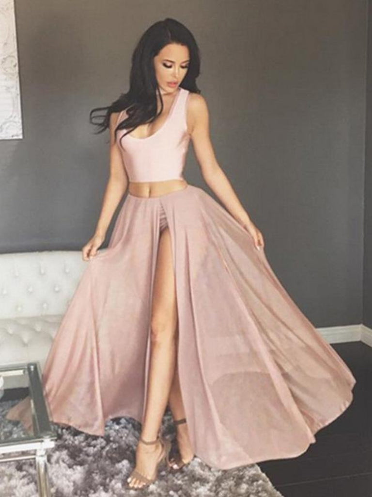 A Line Scoop Neck Two Pieces Chiffon Pink Long Prom Dresses with High Slit, Two Pieces Pink Formal Dresses, Graduation Dresses A Line Scoop Neck Two Pieces Chiffon Pink Long Prom Dresses with High Slit, Two Pieces Pink Formal Dresses, Graduation Dresses
