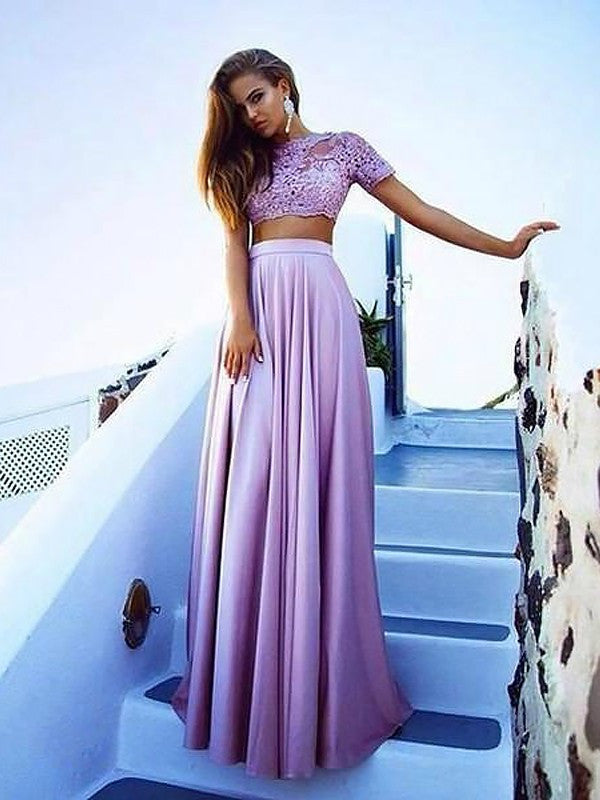 A Line Short Sleeves Lace Purple Prom Dress, Lace Formal Dress, Graduation Dress