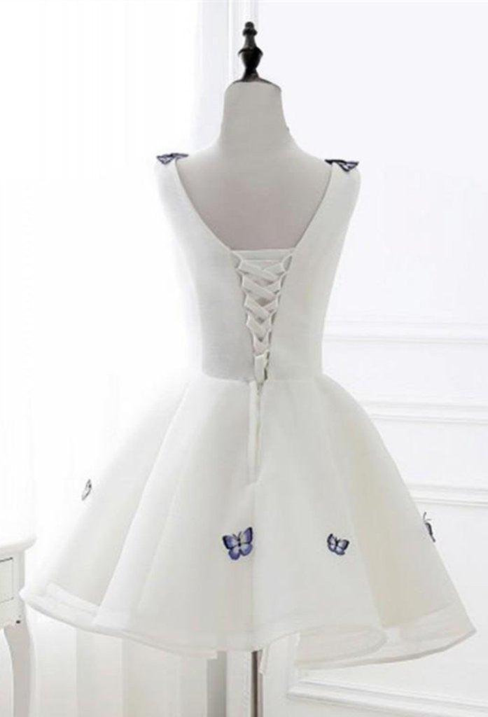 A Line Short White Prom Dresses With Butterfly Appliques, Butterfly Ho Shiny Party A Line Short White Prom Dresses With Butterfly Appliques, Butterfly Ho Shiny Party