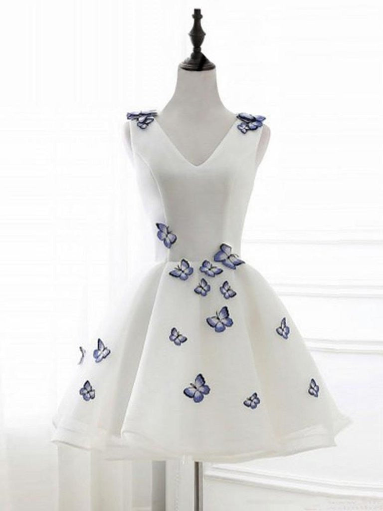 A Line Short White Prom Dresses With Butterfly Appliques, Butterfly Ho Shiny Party A Line Short White Prom Dresses With Butterfly Appliques, Butterfly Ho Shiny Party