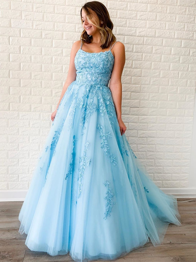 A Line Sky Blue Lace Backless Long Prom Dresses, Backless Sky Blue Lac Shiny Party A Line Sky Blue Lace Backless Long Prom Dresses, Backless Sky Blue Lac Shiny Party