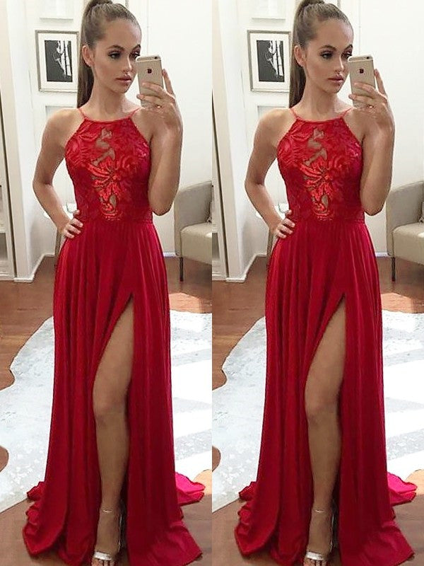 A Line Sleeveless Halter Neck Lace Red Prom Dress, Red Formal