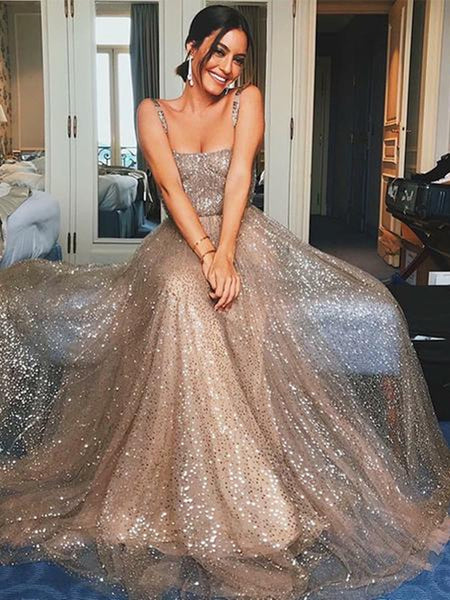 A Line Spaghetti Straps Backless Champagne Long Prom Dresses with Sequins, Champagne Formal Dresses, Evening Dresses