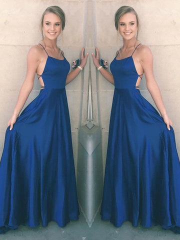 A Line Spaghetti Straps Backless Satin Royal Blue Prom Dresses, Royal Blue Formal Dresses, Graduation Dresses