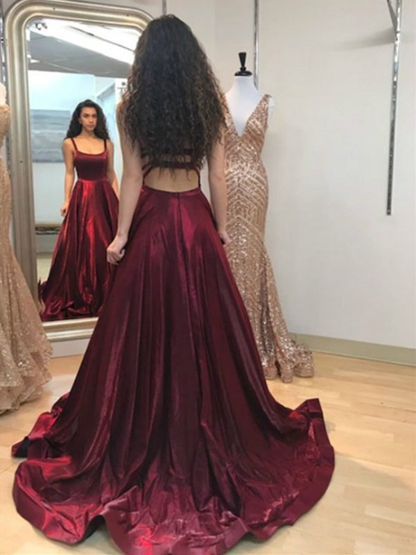 A Line Spaghetti Straps Backless Burgundy Satin Long Prom Dresses with Shiny Party A Line Spaghetti Straps Backless Burgundy Satin Long Prom Dresses with Shiny Party