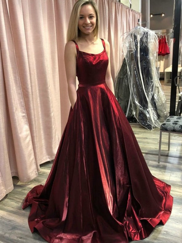 A Line Spaghetti Straps Backless Burgundy Satin Long Prom Dresses with Shiny Party A Line Spaghetti Straps Backless Burgundy Satin Long Prom Dresses with Shiny Party
