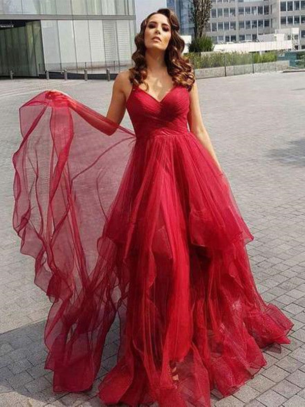 A Line Spaghetti Straps High Low Floor Length Tulle Prom Dresses, Formal Dresses, Evening Dresses