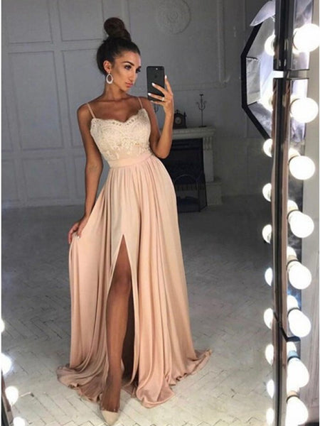 A Line Spaghetti Straps Lace Pink Prom Dresses, Pink Formal Dresses, Day Dresses