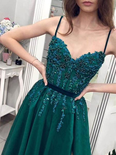 A Line Spaghetti Straps Sweetheart Neck Beaded Green Long Prom Dresses with Slit, Green Formal Dresses, Evening Dresses