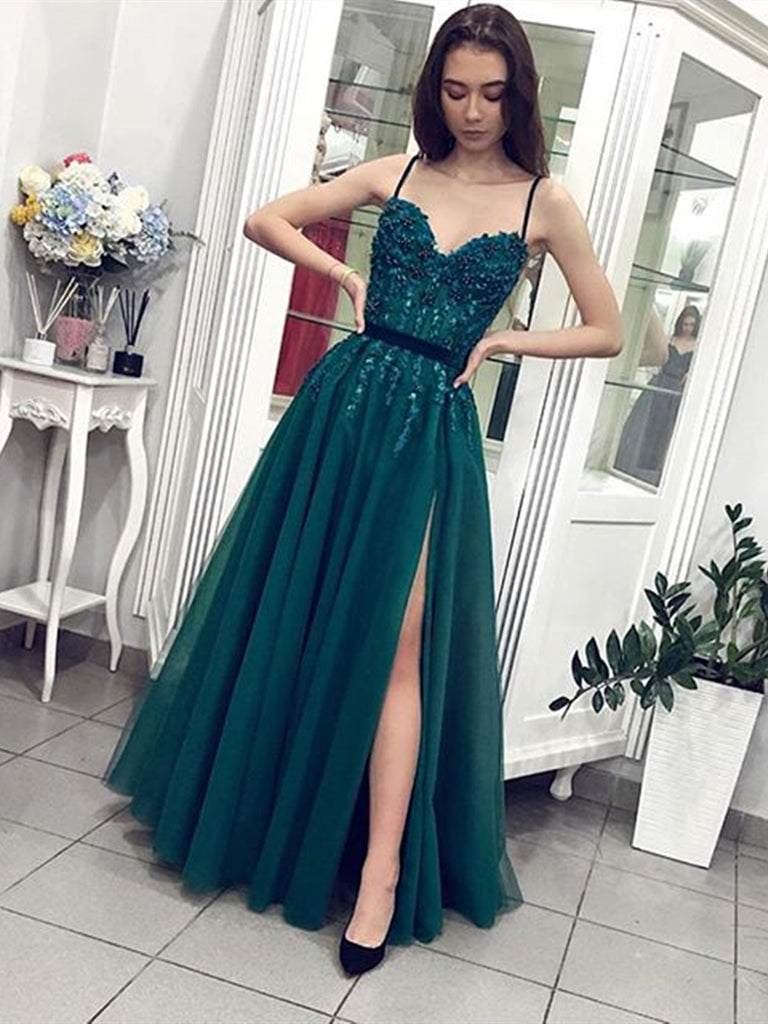 A Line Spaghetti Straps Sweetheart Neck Beaded Green Long Prom Dresses with Slit, Green Formal Dresses, Evening Dresses